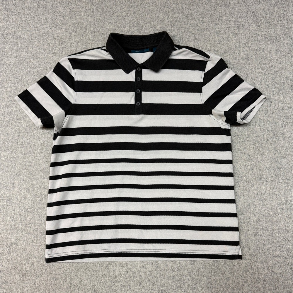 Perry Ellis | Striped Polo Shirt | Size Medium | Black White Short Sleeve 4-Btn
